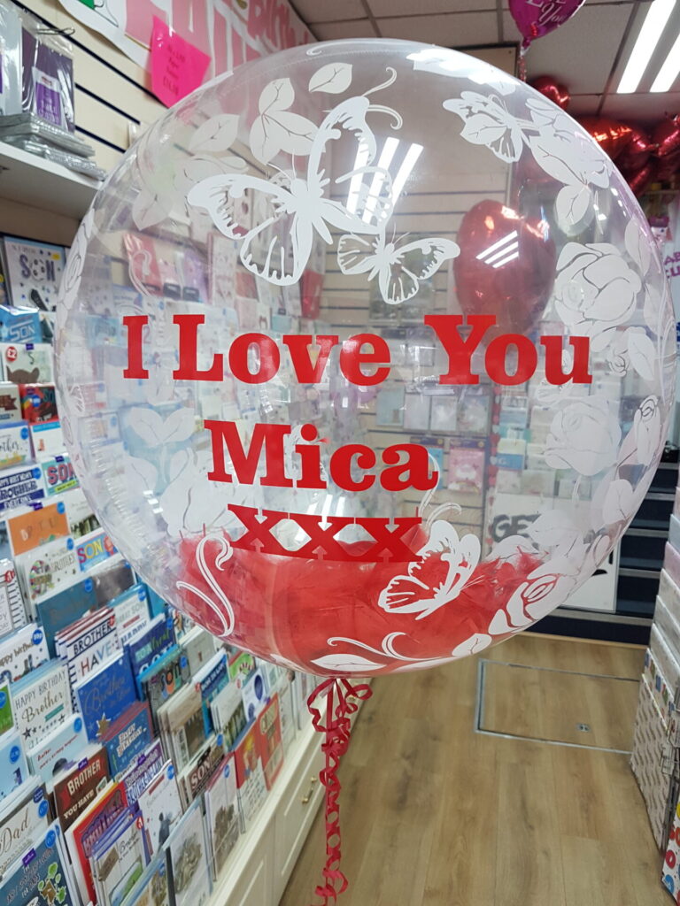 I love you bubble balloon with red feathers