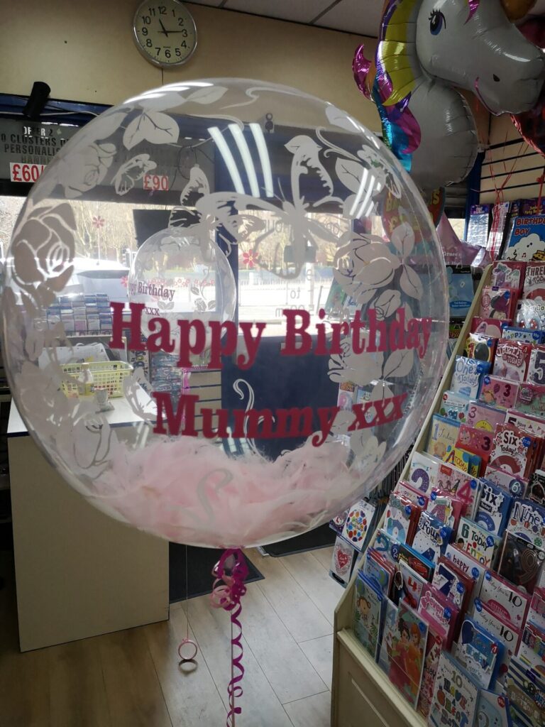 Happy birthday mummy bubble balloon with pink feathers