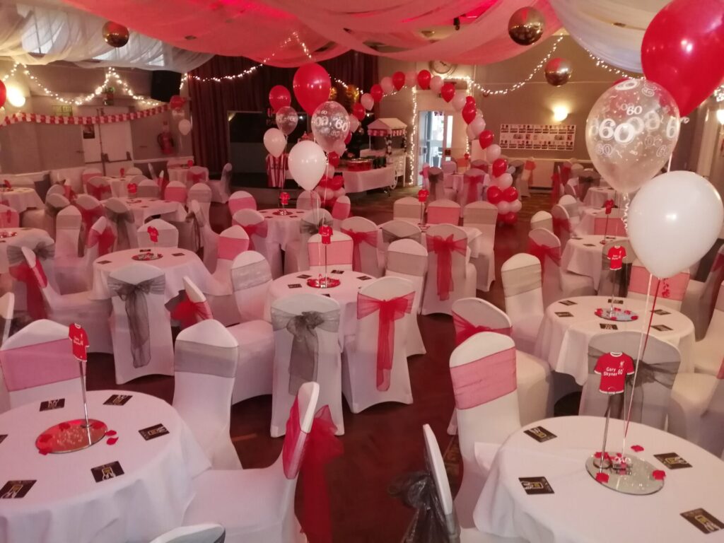 60th birthday red clear and white clusters of 3 balloons with balloon arch