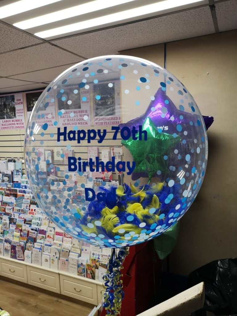 Large blue birthday bubble balloon with blue and yellow feathers inside