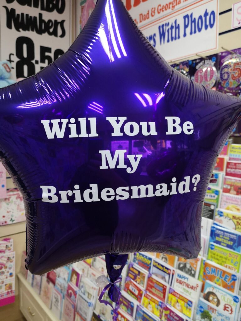Will you be my bridesmaid purple star foil balloon