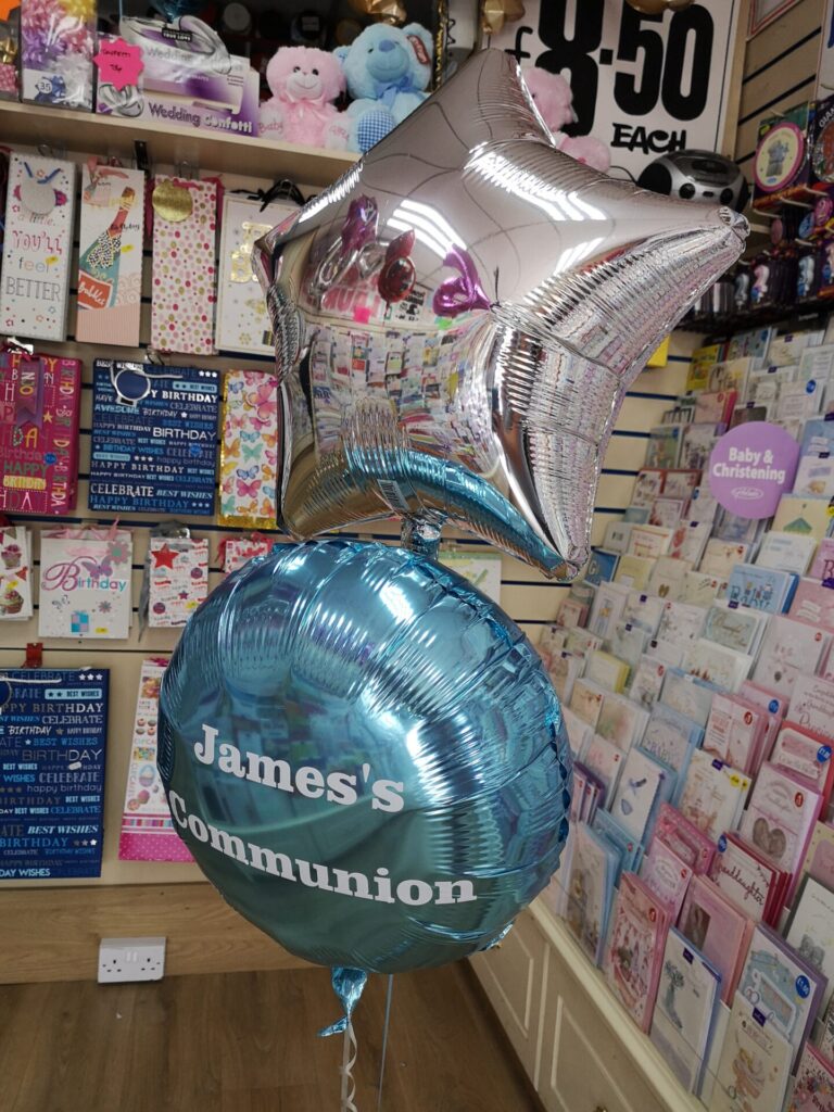 Silver communion and silver star foil balloons