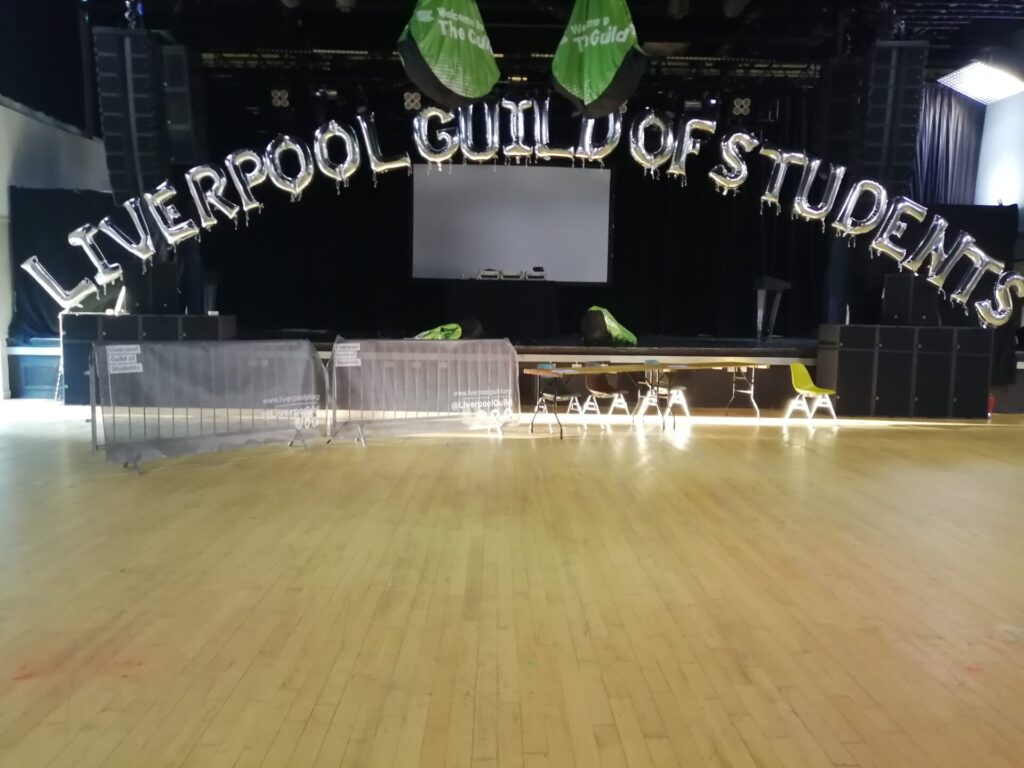 Liverpool guild of students jumbo letters balloon arch in silver